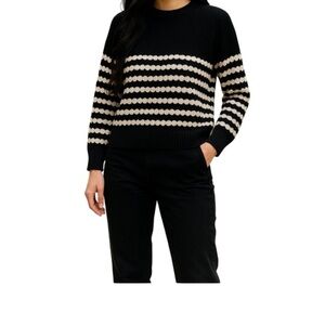Suzy Shier Striped Textured Knit Sweater Black Ivory Loose Fit Crewneck L